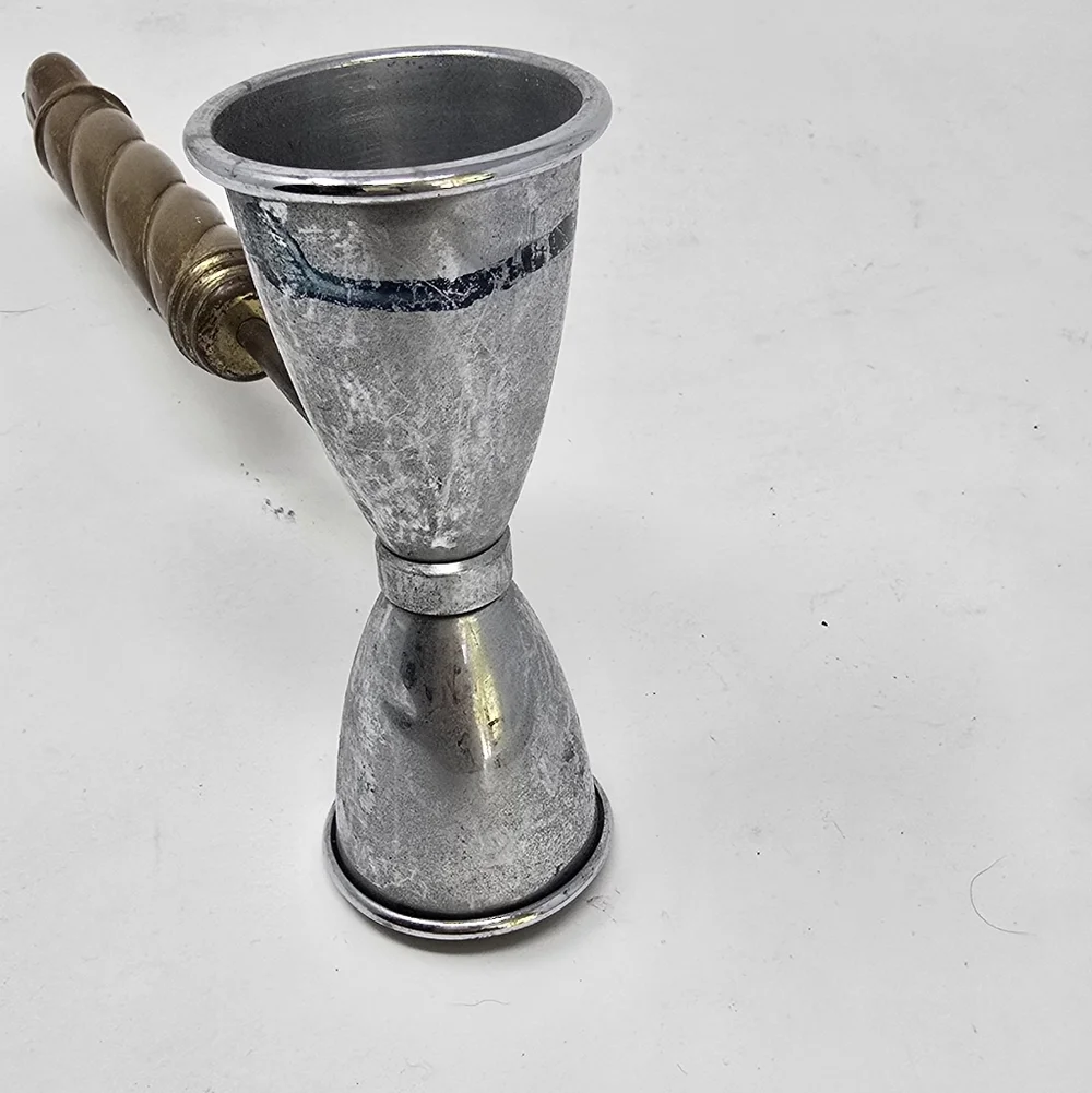 Vtg brass handle double jigger cocktail man cave rustic‎ equestrian mid century